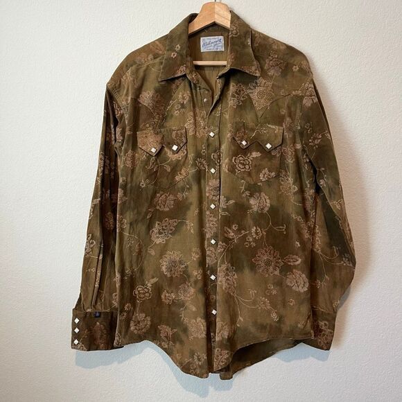 Rockmount Ranch Wear Brown Floral Embroidered Pearl Snap Button Up Shirt Men's - Picture 1 of 6